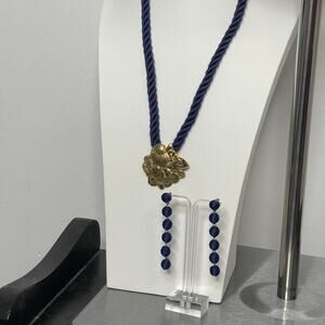 necklace earrings Y2K gold tone shell pendant navy blue cord nautical jewelry